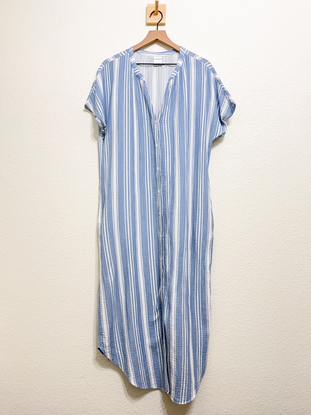 Striped Gauzy Cotton Short Sleeve Button Dress Large